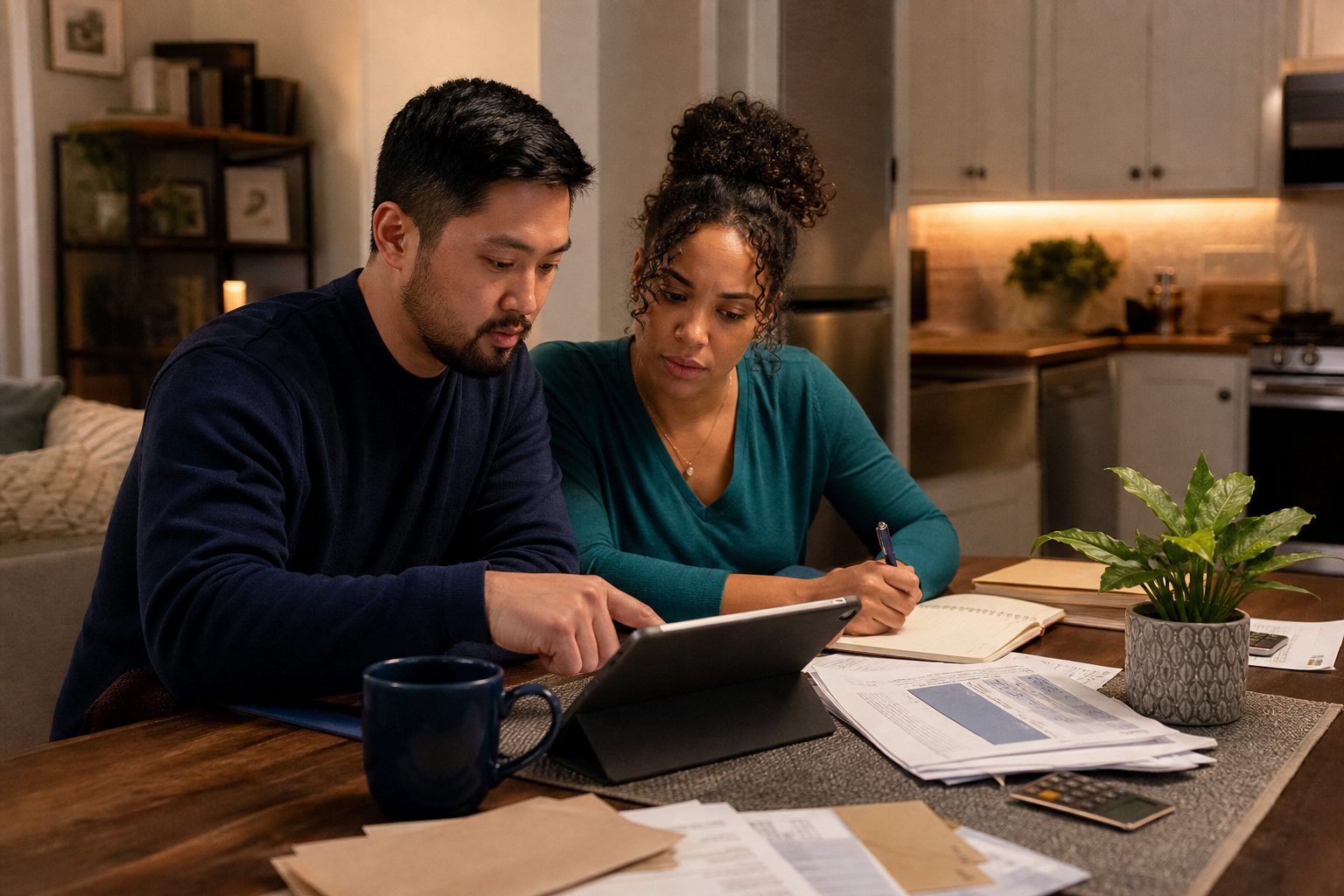 Borrowers reviewing student loan paperwork at a kitchen table